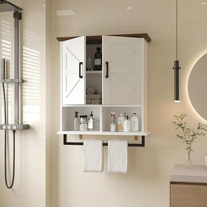 Farmhouse Bathroom Wall Cabinet with Adjustable Shelves & Towel Racks, White Wall Mounted Medicine Cabinet, Over The Toilet Storage Cabinet for Bathroom, Kitchen, Laundry Room - ModernBath