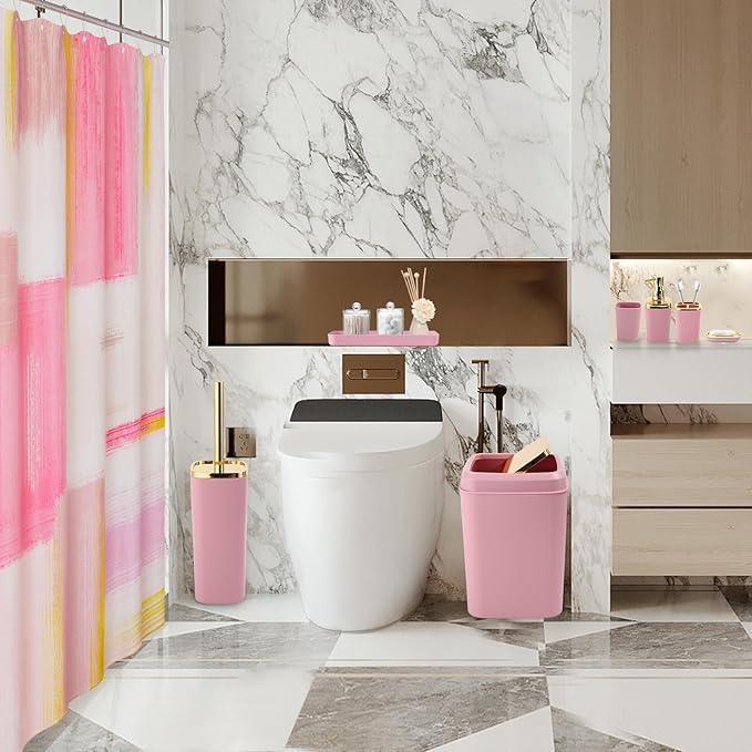 XLHOMO Pink and Gold Bathroom Accessories Set, Bathroom Sets with Shower Curtain, Pink Bathroom Accessories with Trash Can, Soap Dispenser, Soap Dish, Toilet Brush Holder, Qtip Holders for Bathroom - ModernBath