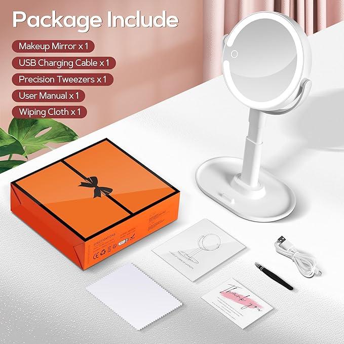 B Beauty Planet Vanity Mirror with Lights, 30X Magnifying Makeup Mirror with 3 Lighting and Adjustable Brightness, Rechargeable 2-Sided Height Adjustable Desk Mirror for Bathroom, Gift for Women White - ModernBath