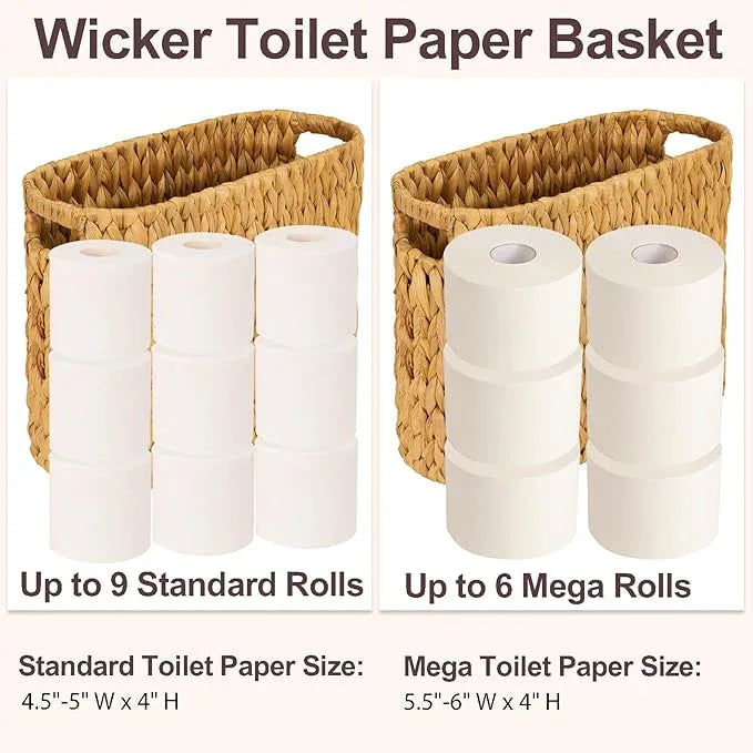 FairyHaus Wicker Toilet Paper Storage Basket with Buit-in Handles, 9 Rolls Natural Water Hyacinth Toilet Paper Holder Stand with Storage, Freestanding Handwoven Toilet Paper Holder Basket for Bathroom - ModernBath