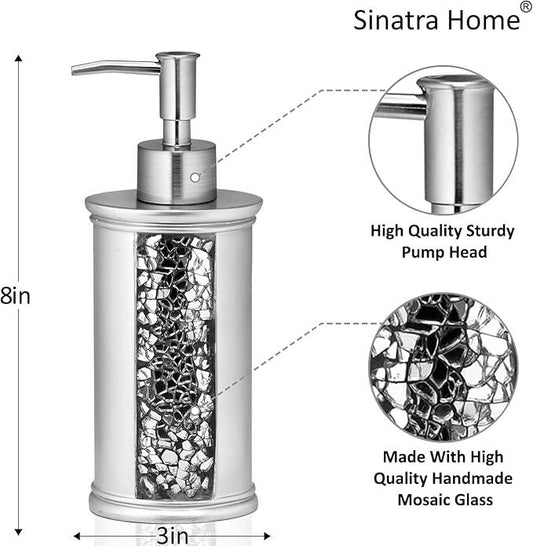Zahari Home 4pc Sinatra Stylish Bathroom Accessories Set Liquid Soap Dispenser, Tumbler, Tooth Brush Holder and Soap Dish Modern Classic Luxury Decor Bling Mosaic Glass Silver Bathroom Accessories - ModernBath