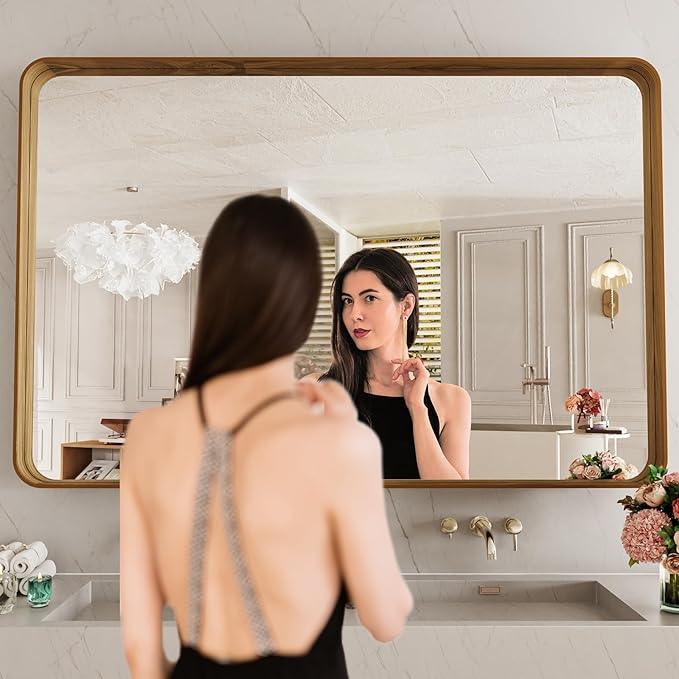 LOAAO 48X32 Inch Bathroom Mirror with Wood Grain Colored Metal Frame, Rounded Rectangle Metal Framed Bathroom Mirror, Anti-Rust, Hangs Horizontally or Vertically, Tempered Glass - ModernBath
