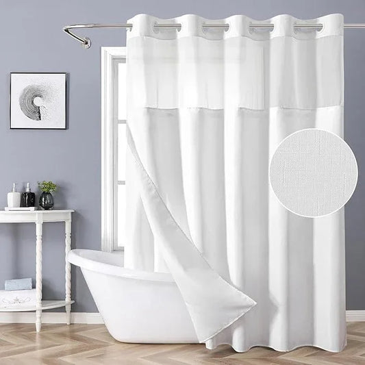 eachope Extra Long No Hook Shower Curtain with Snap-in Fabric Liner Set,Slub Textured Fabric Shower Curtains for Bathroom,Hotel Style Modern Shower Curtain,Water Repellent & Washable,71x98(96),White - ModernBath