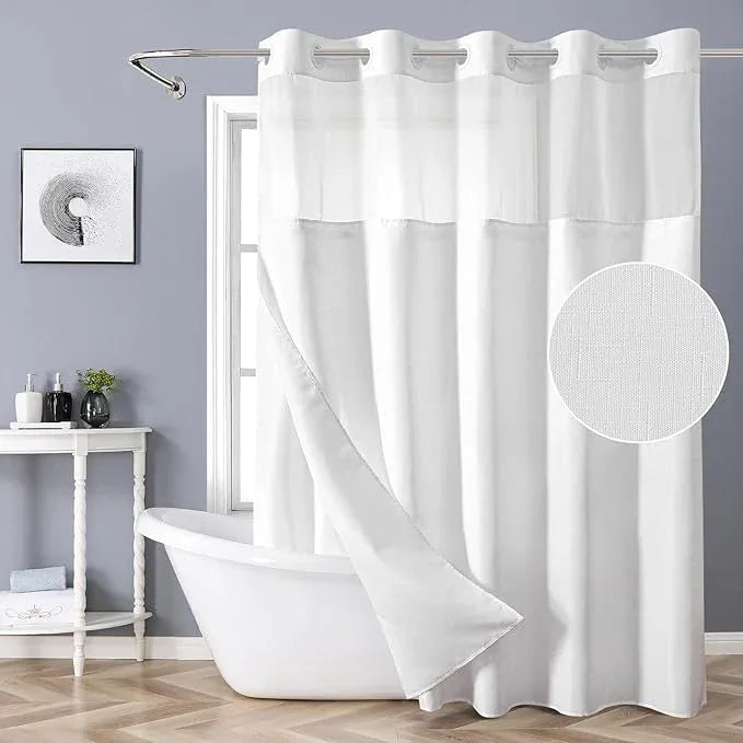 eachope White No Hook Shower Curtain with Snap-in Fabric Liner Set,Slub Textured Fabric Shower Curtains for Bathroom,Hotel Style Modern Shower Curtain,Water Repellent& Washable,71x77(75) - ModernBath