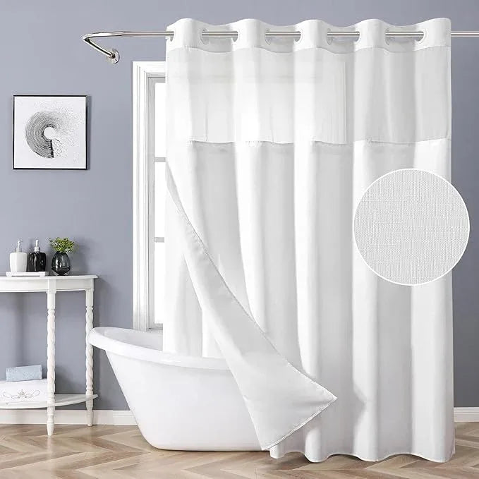 eachope White Long No Hook Shower Curtain with Snap-in Fabric Liner Set,Slub Textured Fabric Shower Curtains for Bathroom,Hotel Style Modern Shower Curtain,Water Repellent& Washable,71x80(78) - ModernBath