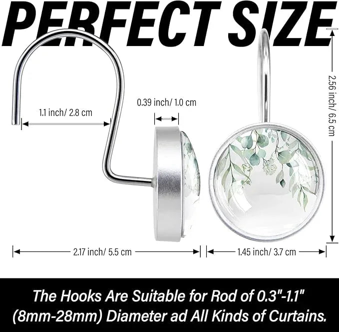 12 Pcs Sage Green Eucalyptus Shower Curtain Hooks – Rustproof Stainless Steel Rings with Decorative Glass Surface – Modern Bathroom Curtain Accessories - ModernBath