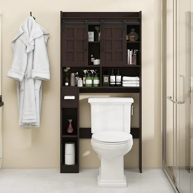 Over The Toilet Storage Cabinet, Farmhouse Storage Cabinet Over Toilet with Sliding Doors，Home Space-Saving Toilet Rack, for Bathroom, Restroom, Laundry. Espresso - ModernBath