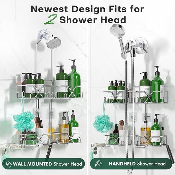 Sewulidon Stainless Steel Shower Caddy Hanging for Handheld Shower Heads,Rustproof Hose Shower Organizer Adjustable Length Shower Rack with 24 Hooks,Razor Holder,Soap Holder - ModernBath