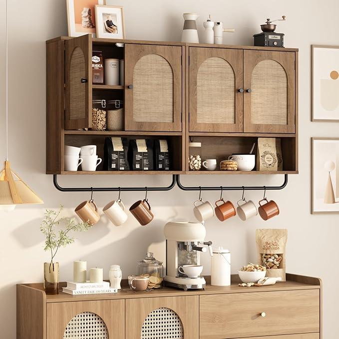 RUSTOWN Rattan Bathroom Wall Cabinet, Boho Medicine Cabinet with 2 Arched Doors, Farmhouse Over The Toilet Storage Cabinets with Adjustable Shelves & Towel Bar, 3-Tier Wall Mounted Cabinets - ModernBath