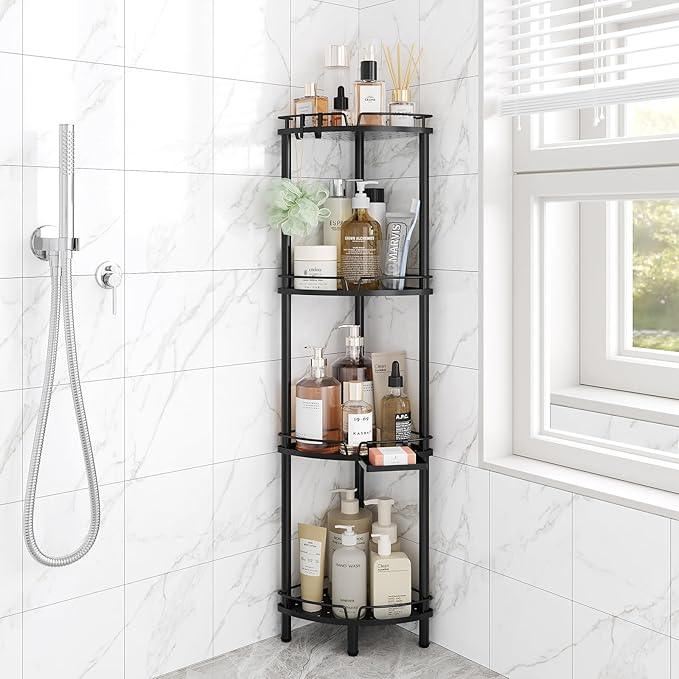 ELYKEN Corner Shower Caddy Standing, 4 Tier Rustproof Metal Shower Organizer with Soap Holder, Floor Shower Corner Shelf Rack Storage Stands with Adjustable Feet & 2 Hooks for Bathroom, Black - ModernBath