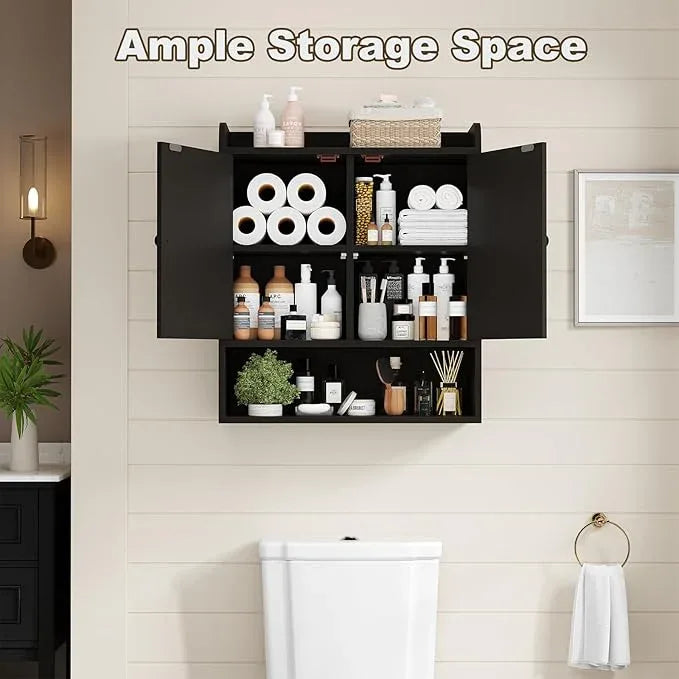 EasyCom 22" W x 26" H Bathroom Wall Cabinet, Farmhouse Medicine Cabinet with Adjustable Shelves and Double Barn Doors, Over The Toilet Storage Cabinet for Bathroom, Kitchen, Living Room, Black - ModernBath