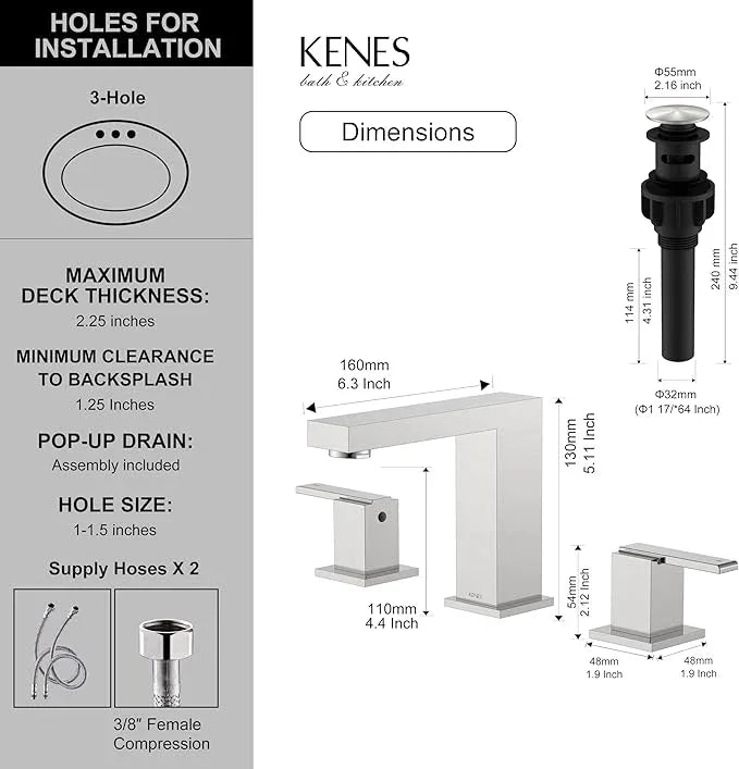 KENES Brushed Nickel Widespread Bathroom Faucet 2 Handle Bathroom Sink Faucet 3 Hole, 8-Inch 3 Pieces Vanity Faucet with Pop Up Drain & Supply Lines, KE-9050-P - ModernBath