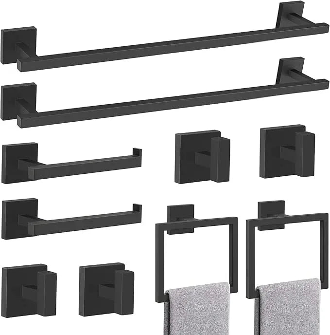 TQKAG Matte Black Bathroom Hardware Accessories Set 10 Pieces, 23.6" SUS304 Stainless Steel Towel Bar Set Wall Mounted Includes Single Towel Bar, Towel Ring, Toilet Paper Holder, Double Towel Hooks - ModernBath
