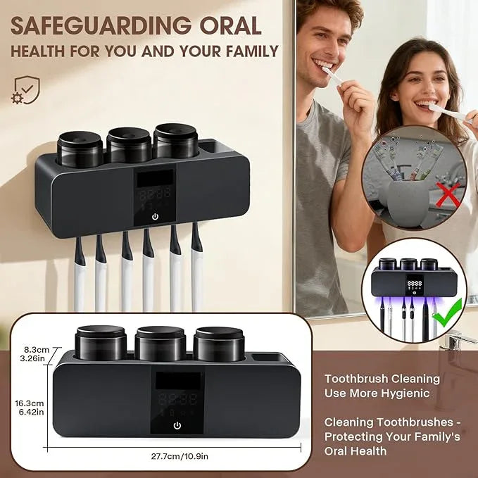 LXIANGN 3 in 1 Toothbrush Cleaner Holders for Bathrooms,Wall Mounted Toothbrush Holders with Drying and Cleaning,Smart LED Screen,6 Toothbrush Slots,3 Cups and Toothpaste Dispenser (Deep Grey) - ModernBath