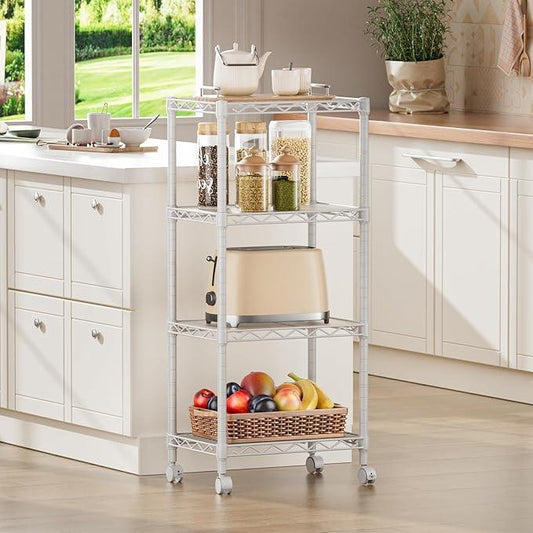 SINGAYE 4 Small Shelves Storage Shelf Wire Shelving Unit Metal Shelf Adjustable Organizers Storage Shelving with Wheels for Bathroom Laundry Room Kitchen Pantry11.5”D x 17.3”W x 44.5”H White - ModernBath