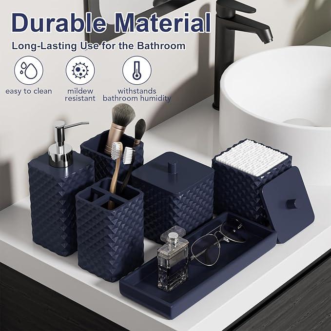 Bathroom Accessories Set Resin 6PCS, Square Toothbrush Holders Set Complete with Soap Dispenser, Vanity Tray, Tumbler, Cups and Cotton Swab Jars (Navy Diamond, Resin Bath 6 PCS) - ModernBath