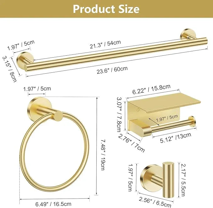 TQKAG 5 Piece Bathroom Towel Bar Holder Sets Brushed Gold Bathroom Hardware Set Stainless Steel Toilet Paper Holder with Shelf Bathroom Accessories Kit Wall Mounted - ModernBath