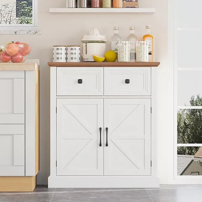 Vabches Farmhouse Buffet Sideboard with Drawers, Wood Pantry Cabinet with Storage, Rustic Storage Cabinet with Adjutable Shelf and Barn Door for Kitchen, Dining Room, Living Room, White - ModernBath