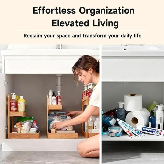 Bamboo Undersink Organizer Storage - 2-Tier Cabinet Shelf with Adjustable Levels, Under Sink Storage Slide Out for Cabinet Pantry Kitchen Bathroom (Natural) - ModernBath
