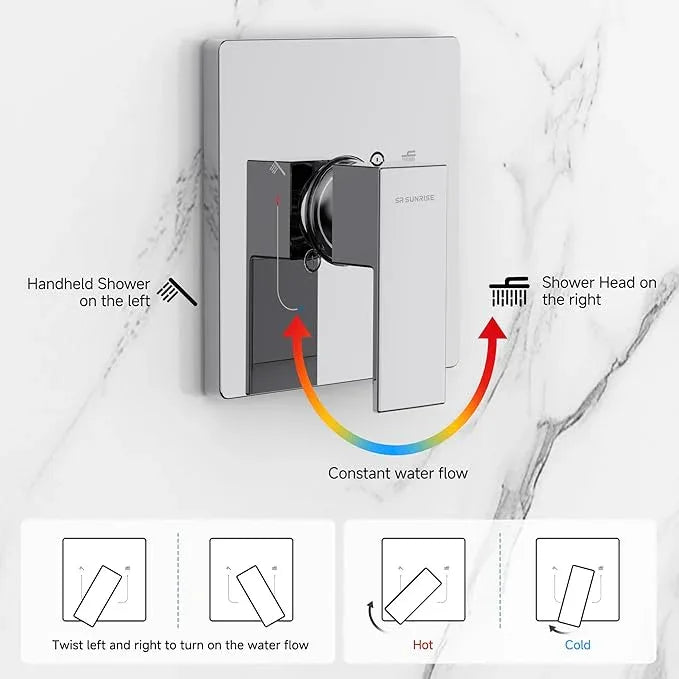 SR SUN RISE Shower Faucet Set & System - 12 Inch Rainfall Shower Head & Handle Set Wall Mounted Polished Chrome Solid Brass Valve Trim Kit Included - ModernBath