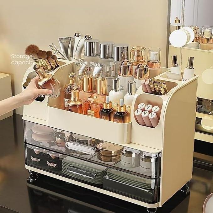 Makeup Organizer with Drawers for Vanity,Bathroom Countertop Organizer with Brushes Holder,Skincare Storage Organizer,Perfect Cosmetic Display Case for Skincare,Lipstick and Beauty Essential (Cream) - ModernBath
