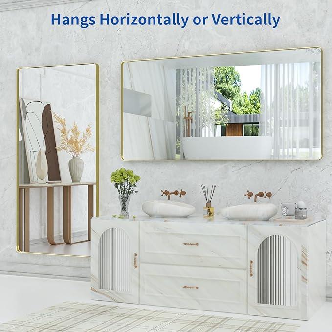 WEER Gold Bathroom Mirror, 72X36 Inch Brushed Gold Metal Frame Mirror, Rounded Rectangle Gold Bathroom Vanity Mirror for Wall, Tempered Glass, Anti-Rust, Hangs Horizontally or Vertically - ModernBath