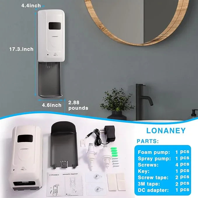 LONANEY Touchless Automatic Foaming Hand Soap Dispenser Wall Mount, Motion Sensor Foam Liquid Refill Bottle Sanitizer Dispensing for Bathroom Kitchen Home Farmhouse Station - ModernBath