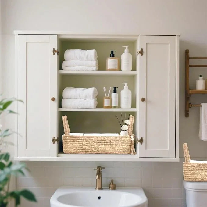 ABenkle Small Storage Basket for Toilet Tank Top - Jute Rope Woven Organizer with Handle, Boho Countertop Bathroom Decor, Toilet Paper Holder, 16x6x4 Inch - ModernBath