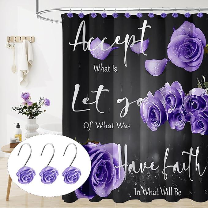 Litabel Rose Flower Shower Curtain Hooks 12PCS,Home Decorative Purple Rose Shower Curtain Hooks Metal Rustproof Cute Rose Flower Shower Hooks Rings Bathroom Shower Rods Decoration Accessories - ModernBath