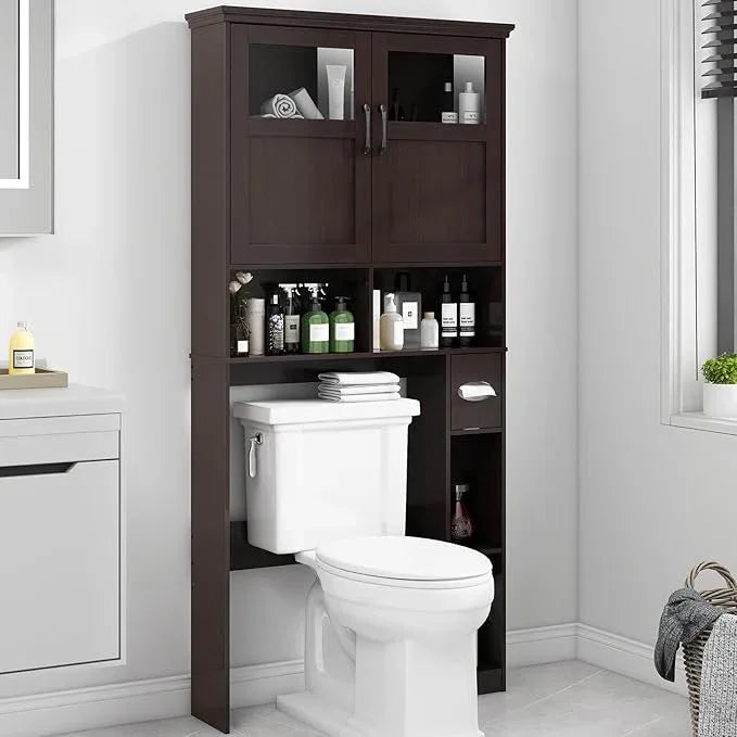 Over The Toilet Storage Cabinet, Storage Cabinet Over Toilet with Double Doors & Toilet Paper Holder Stand, Freestanding Toilet Shelf Space Saver with Anti-Tip Design & Adjustable Shelf, Espresso - ModernBath