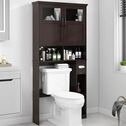 Over The Toilet Storage Cabinet, Storage Cabinet Over Toilet with Double Doors & Toilet Paper Holder Stand, Freestanding Toilet Shelf Space Saver with Anti-Tip Design & Adjustable Shelf, Espresso - ModernBath