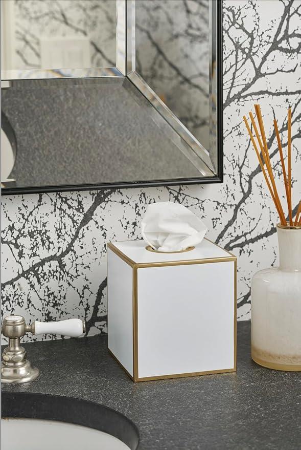 Jaye’s Studio Metal Decorative Tissue Box Cover Square Tissue Box Holder For Bathroom & Bedroom White And Gold Desk Accessories, Facial Tissue Dispenser White Tissue Box Cover Gold For Farmhouse Decor - ModernBath