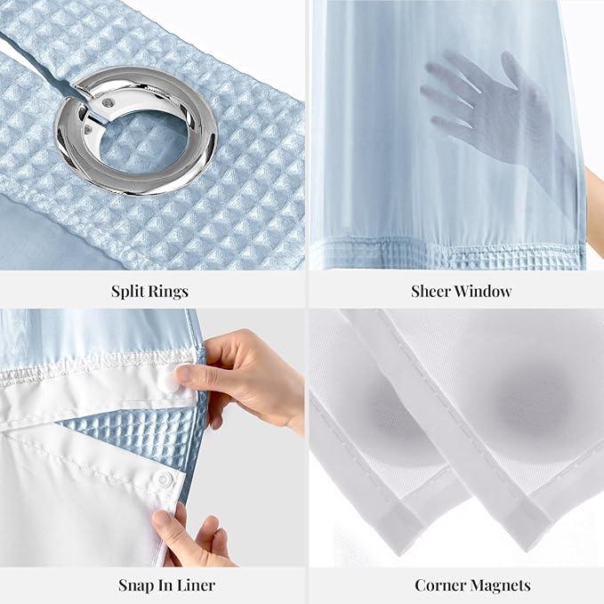 River Dream Misty Blue Fabric Shower Curtain Set, Cotton Blend, Waffle Weave, with Snap in Replacement Liner，71 x 74 inches - ModernBath