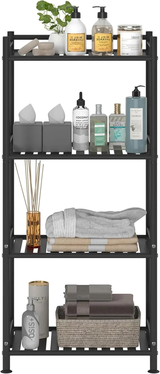4 Tier Bathroom Storage Open Shelf Unit, Free-Standing Metal Corner Rack Shelving for Kitchen, Living Room, Hallway (Black, Wider 4 Tier) - ModernBath