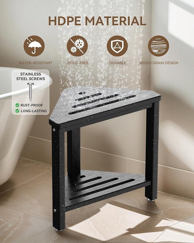 Shower Foot Rest 15in, HDPE Waterproof Shower Stool for Inside Shower, Corner Shower Stool for Shaving Legs with Storage Shelf for Small Space, Shower Step Stool, Plastic Corner Shower Bench, Black - ModernBath