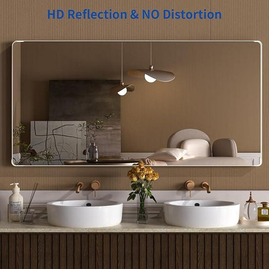 WEER 72X36 Inch Brushed Nickel Bathroom Mirror, Brushed Silver Metal Frame Mirror, Rounded Rectangle Silver Bathroom Vanity Mirror, Tempered Glass, Anti-Rust, Hangs Horizontally or Vertically - ModernBath