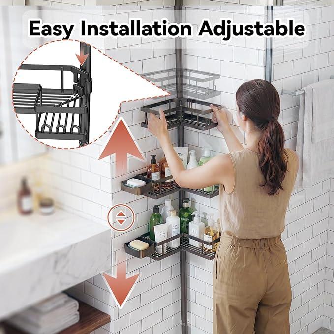 YASONIC Corner Shower Caddy Tension Pole, 25.7-109.1in Adjustable Shower Shelves, Rust-Resistant Shower Organizer, No-Drill 3-Step Installation, Bathroom Shelves for Renters & Family, Black - ModernBath
