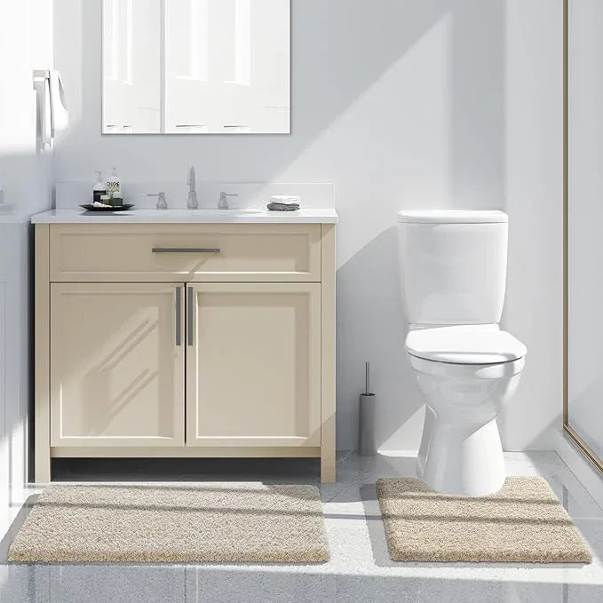 Yimobra Toilet Rugs U Shaped 24x20, Ultra Soft and Water Absorbent Bath Mats, Non Slip Fluffy Luxury Microfiber Contour Bath Rugs for Toilet, Dry Quick, Machine Washable, Light Beige and White - ModernBath