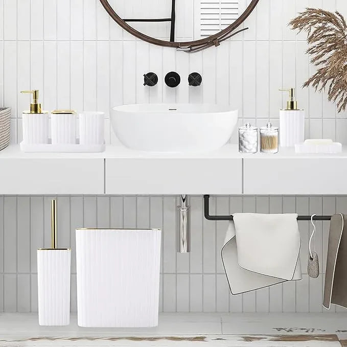 XLHOMO Bathroom Accessories Set - Gorgeous Bathroom Set, 10PC White Bathroom Accessory Set, Toilet Brush, Trash Can, Qtip Holder Dispenser & Soap Dispenser - ModernBath