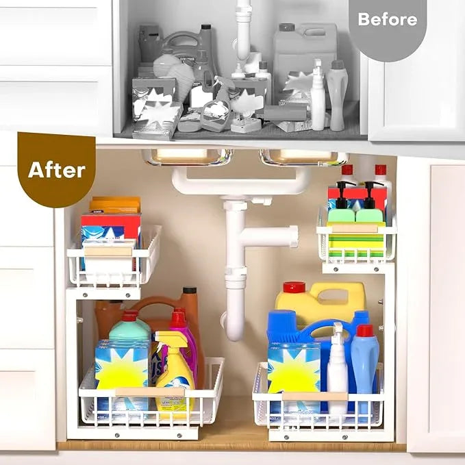 Under Sink Organizer, 2 Tier Pull Out Under-sink Shelves, Adjustable Height (13.8" -16.9"), Sturdy Metal Storage Organizer for Bathroom Kitchen Pantry Cabinet (2 Packs, White) - ModernBath