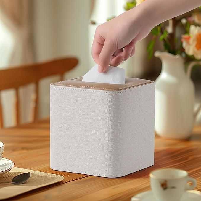 Cretkhp Square Linen Tissue Box Cover with Magnetic Closure, Modern PU Leather Tissue Box Holder for Bathroom Vanity Countertop Night Stands Bedroom Office Desk, Stylish Cube Tissue Holder (Linen) - ModernBath