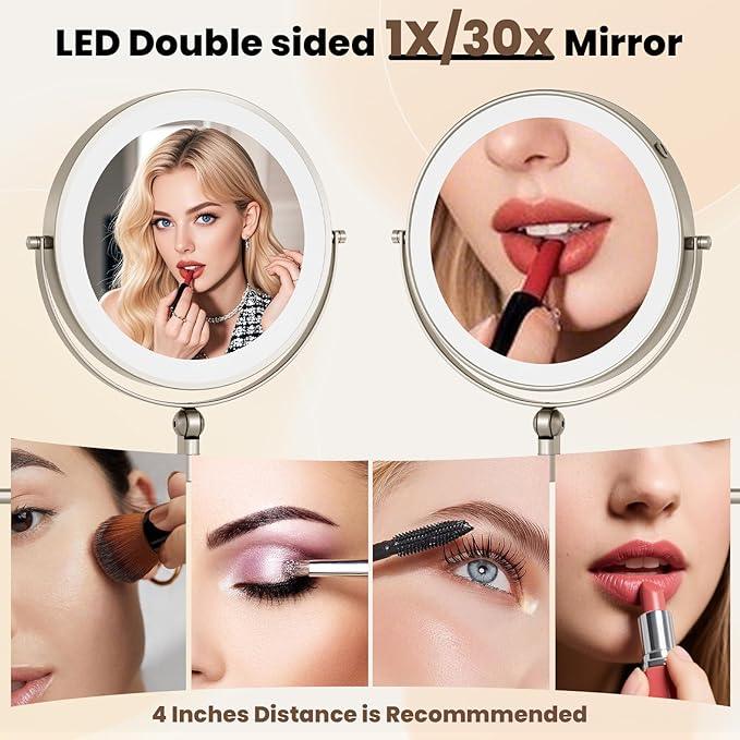 9" Wall Mounted LED Lighted Makeup Vanity Mirror - 4000mAh Rechargeable Double Sided 1X/30X Magnifying Mirror, 3 Color Lights Touch Dimmable, Height Adjustable Extended Arm 360° Swivel Bathroom Mirror - ModernBath