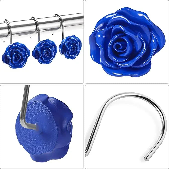 Litabel Rose Flower Shower Curtain Hooks 12PCS,Home Decorative Blue Rose Shower Curtain Hooks Metal Rustproof Cute Rose Flower Shower Hooks Rings Bathroom Shower Rods Decoration Accessories - ModernBath
