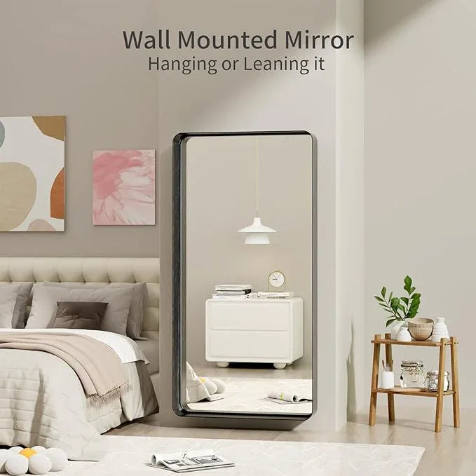 Koonmi Black Bathroom Mirror for Wall, 30x60 Inch Matte Metal Deep Framed Rounded Corner Wall Mirror, Shatterproof Tempered Glass for Farmhouse Bedroom Entryway, Vertically or Horizontally - ModernBath