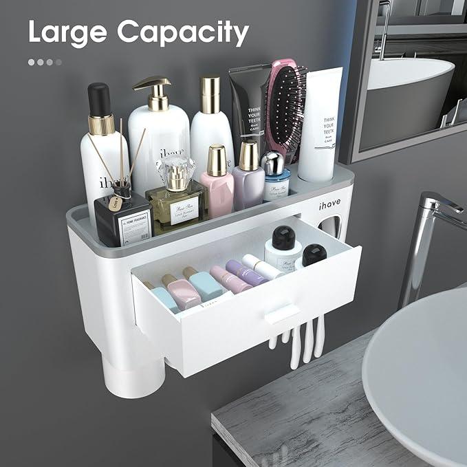 iHave Toothbrush Holders for Bathrooms, 3 Cups Toothbrush Holder Wall Mounted with Toothpaste Dispenser - Large Capacity Tray, Cosmetic Drawer - Bathroom Accessories & Bathroom Organization Storage - ModernBath