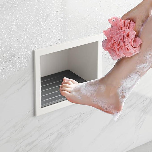Qeke Shower Foot Rest for Shaving Legs, 304 Stainless Steel Footrest Niche with Shaving Holder, Recessed Shower Niche for Shaving Legs, Matte White - ModernBath