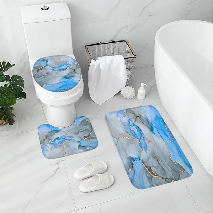 Gibelle 4 Pcs Bathroom Shower Curtain Set with Non-Slip Rugs, Toilet Lid Cover and Bath Mat, Blue Grey Marble Bathroom Decor Set with Shower Curtain and Rugs and Accessories - ModernBath