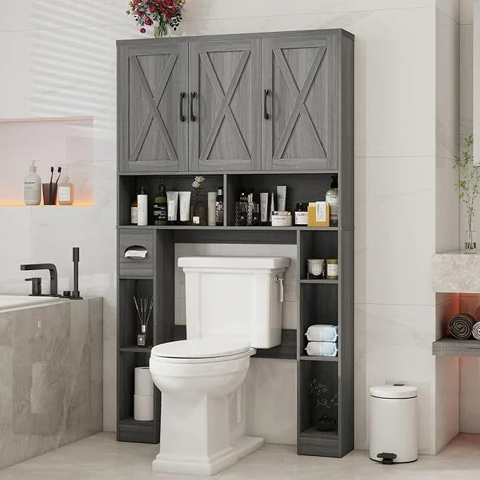 Over The Toilet Storage Cabinet, Farmhouse Toilet Cabinet Rack with 3 Barn Doors, Space Saving Bathroom Organizer with Shelves, Toilet Paper Holder and Towel Rack for Bathroom,Restroom,Laundry - ModernBath