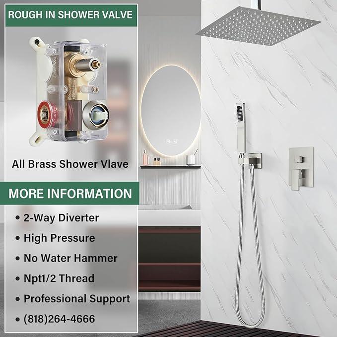 Shower Faucet Set Brushed Nickel Rain Shower System with High Pressure 10 Inches Rain Shower Head and Handheld Spray Bathroom Luxury Rain Mixer Shower Complete Combo Set Ceiling Mounted - ModernBath