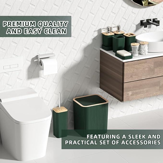 XLHOMO Bathroom Set - Elegant Green Bathroom Set, 10PC Green Bathroom Accessories Set, Bathroom Sets with Toilet Brush, Bathroom Trash Can - ModernBath